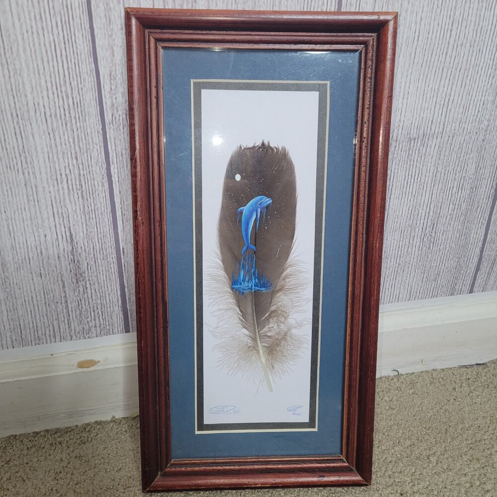 Dolphin Breeching Water Stars Full Moon On Feather Painting Art Framed 2006